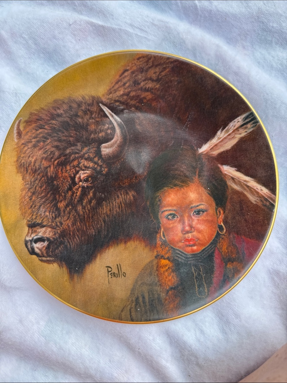 Native Child and Buffalo Decorative Plate - Brown Accent